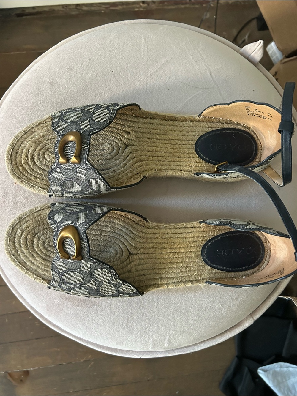 Coach Gray Logo Espadrille Wedge Sandals with Gold Accent Size 11